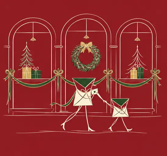 Ilustração de duas cartas caminhando diante de três vitrines de Natal com guirlanda, pinheiros e presentes.